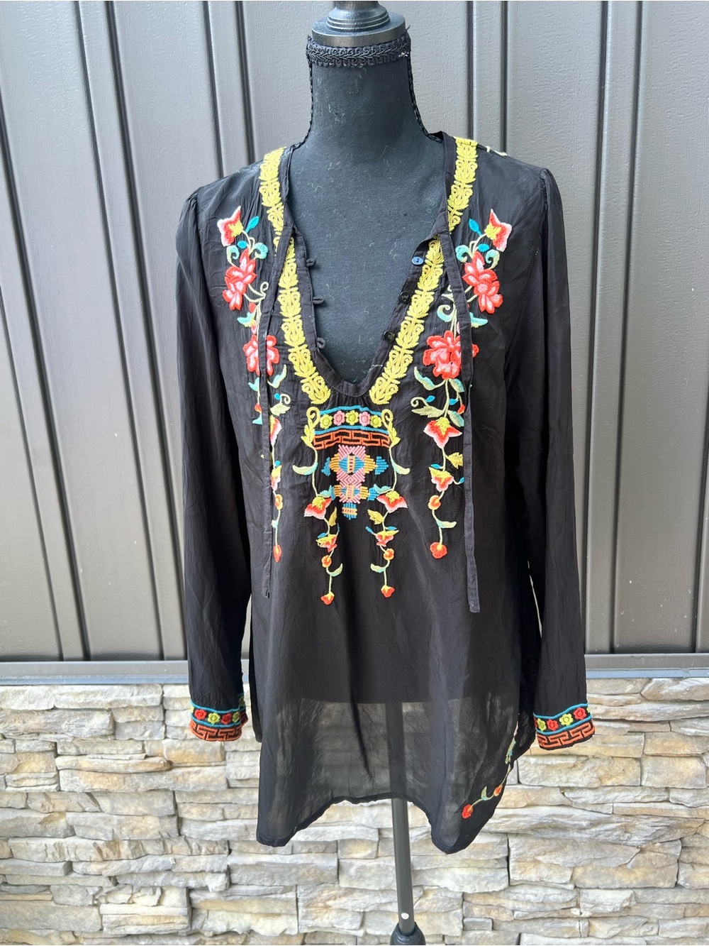 Johnny Was Black Embroidered Boho Tunic with Yellow Trim